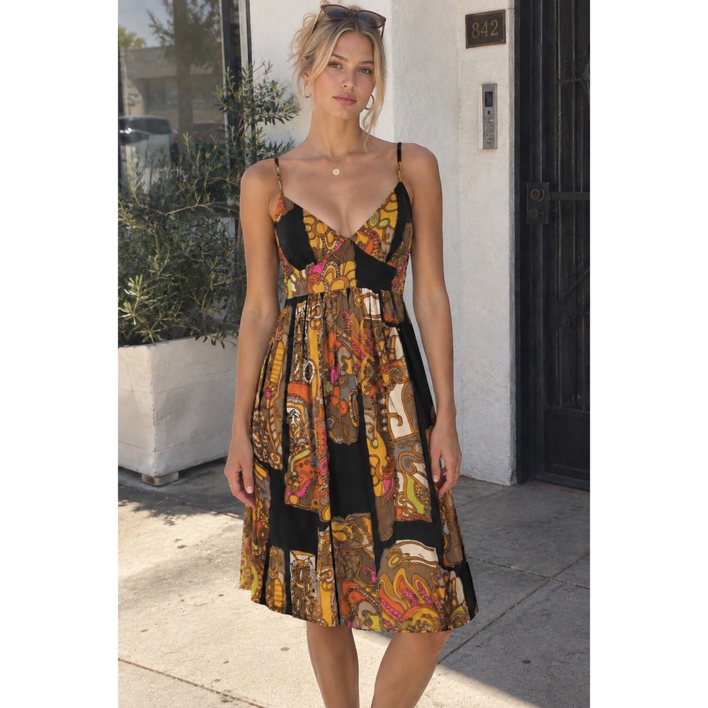 Vintage Y2K Trina Turk 100% Silk Babydoll Mini Dress Retro 60s 70s Mod Boho XS